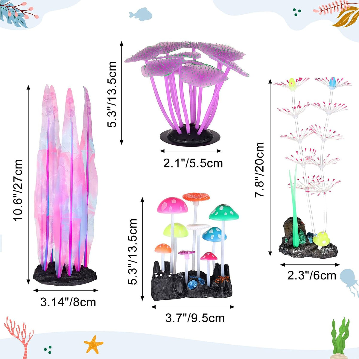 4 Pack Glow Aquarium Decorations Coral Reef Glowing Mushroom Anemone - 4 Pcs(branch Coral+coral+mushrooms+seaweed) - image 4
