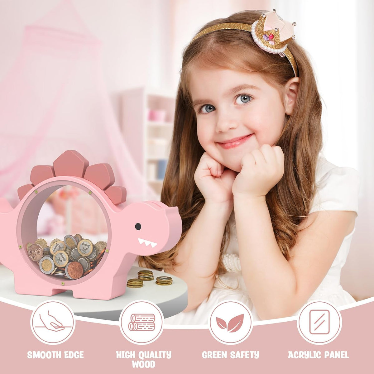 Summidate Wooden Dinosaur Piggy Bank - Pink / Standard - image 3