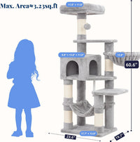 Hey-brother Cat Tree, Multi-Level Sisal Covered Scratching Posts - Light Gray / 60.6 Inches - image 2