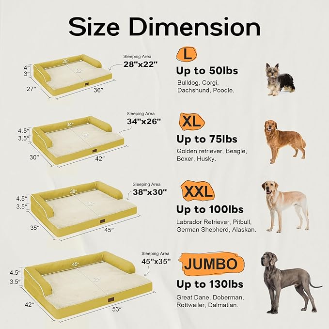 Large Dog Bed Orthopedic Washable - Waterproof with Removable Cover - Memory Foam - Beds Bolster Pet - Couch Sofa - XXXL Large Big Jumbo Dogs - Ginger Yellow Giant Dog Bed