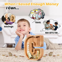 KMC wooden letter piggy bank, oak initial coin bank with clear plexiglass front - view 23
