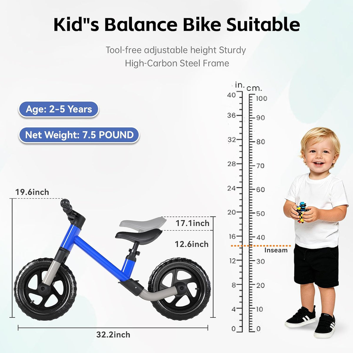 Toddler Balance Bike for 3-5 Year Old 12” No Pedal Training Bike Toys - Bk271-blue - image 2