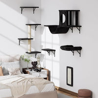 NUNU LAB Wall Mounted Cat Climber Set, 6 Pcs Cat Furniture Set with House, Bridge, Steps, Scratcher Board and Hammock, Shelves for Indoor, Luxury Walls Furniture(Black)