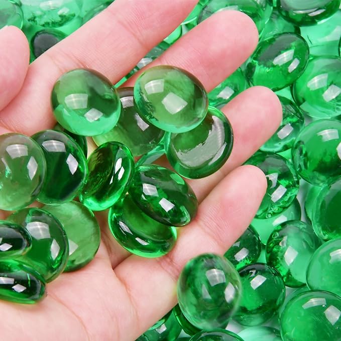 1LB Green Flat Glass Marbles for Vases, Gemstone Beads Vase Filler Decorative Glass Pebbles for Fish Tank, DIY Crafts, Aquarium Decor Rocks