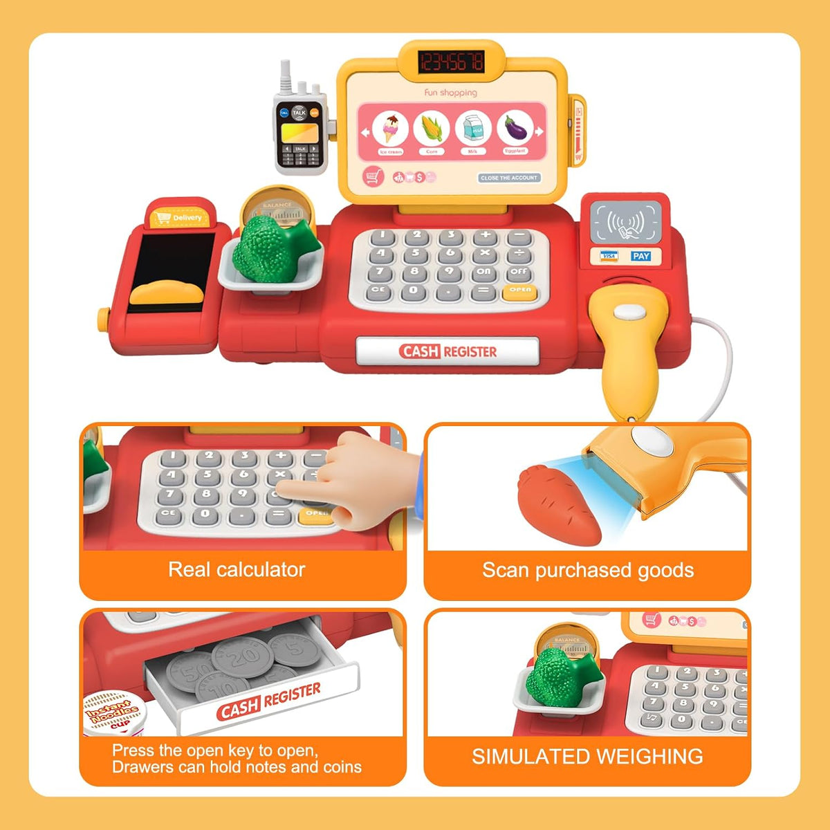 Yalujumb kids shopping cart play set with cash register, scanner and pretend food - view 2
