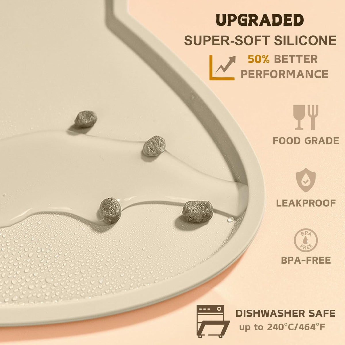 Cat Food Mat, Silicone Non Slip Dog Bowl Mat Waterproof Cat Feeding Mat Stop Food Spills and Water - Beige / 24"L x 14"W - image 3