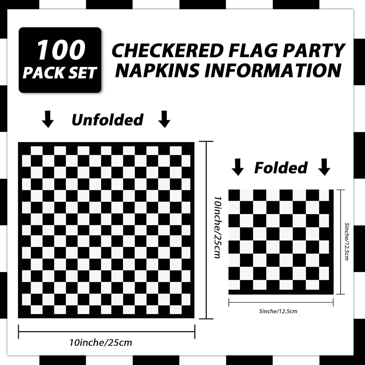 100 Pack Black and White Checkered Flag Party Napkins Disposable Race - 100 / Black and White Checkered - image 2