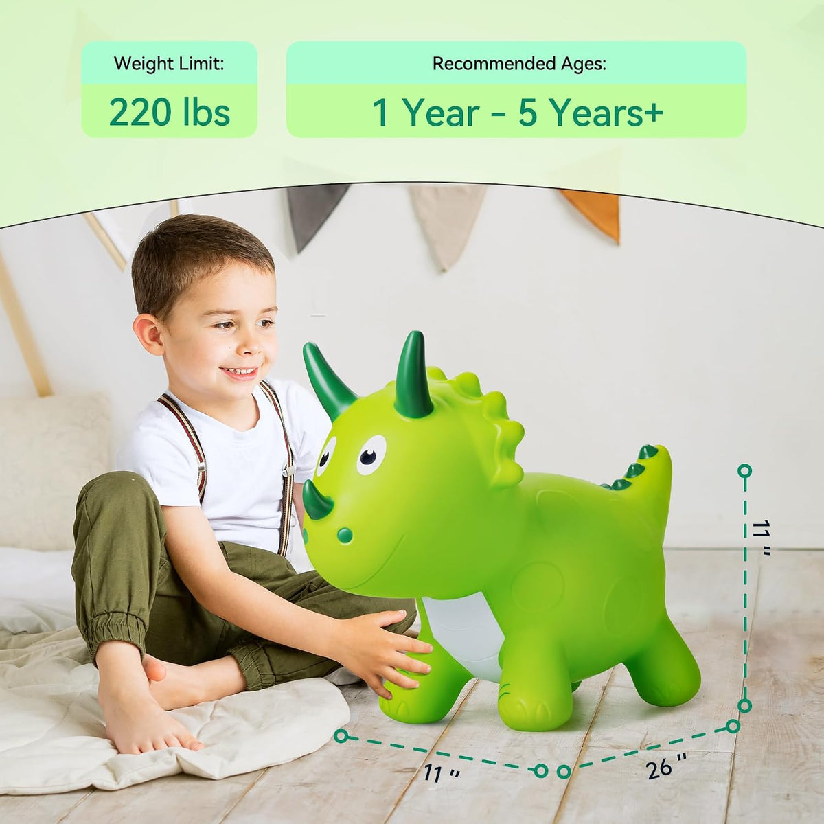 VangeBow Bouncy Horse Animal Hopper Toy for Toddlers 1-5 – Fun for Kids & Family - Green Little Triceratop - image 4