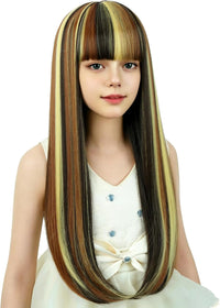 WAVELNM kids long straight black wig with hot pink highlights and bangs - view 35
