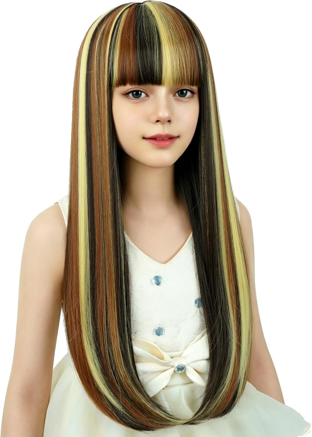 WAVELNM kids long straight black wig with hot pink highlights and bangs - view 35