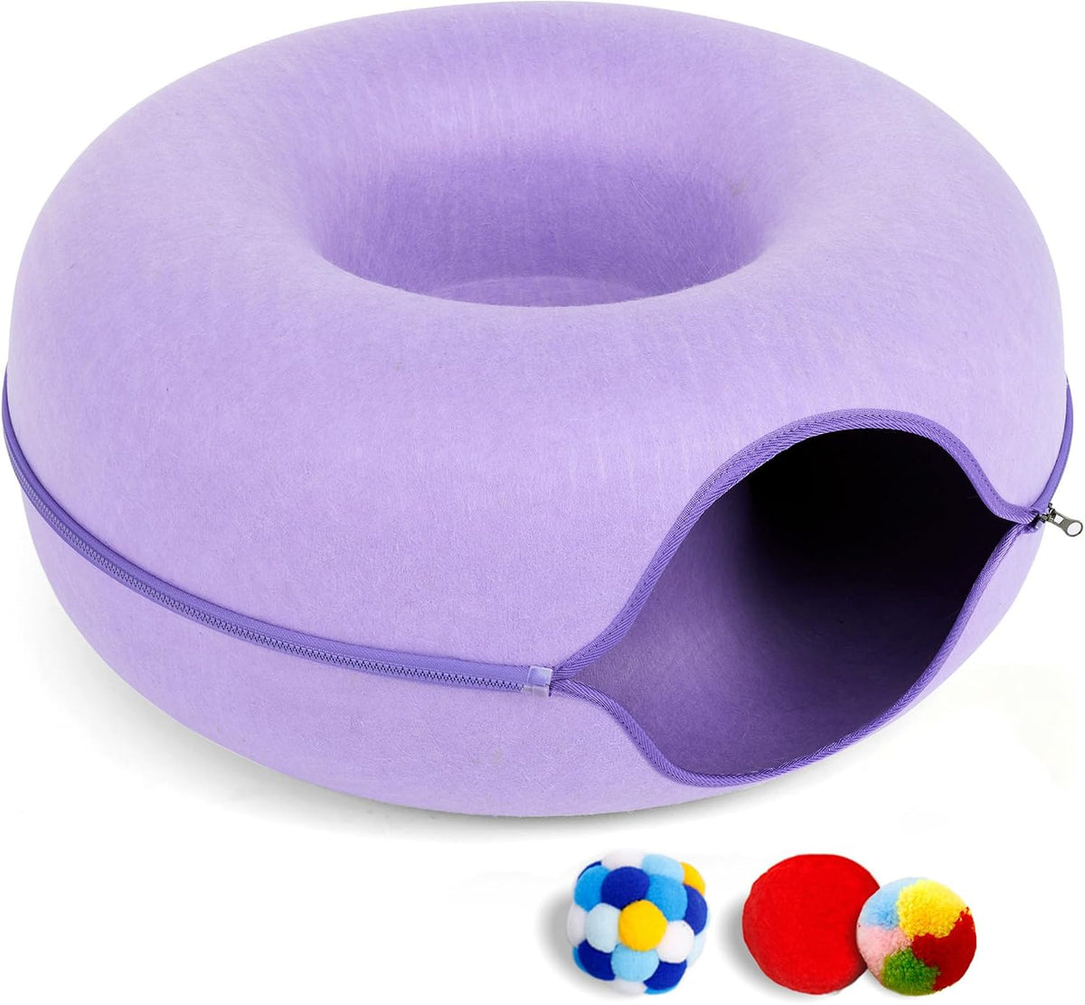 Large Cat Tunnel Bed for Indoor Cats with 3 Toys - L(24x24x11) / Purple