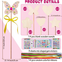 WUBOMJIO princess fairy wands craft kit with 14 wooden wands, gem stickers and colorful ribbons - view 2