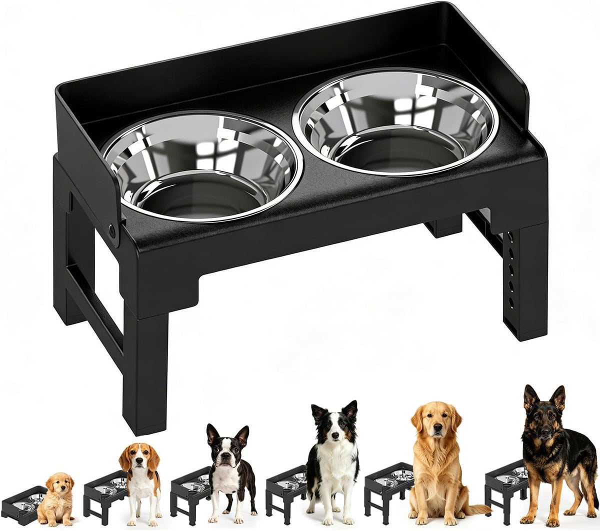 Elevated Dog Bowls for Medium and Large Dogs - 2 Stainless Steel Bowls / Black