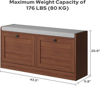MHOM Brown Modern Entryway Bench with 2 Flip Drawers, Entryway Shoe Bench with Padded Seat Cushion, Wooden Storage Bench for Bedroom and Apartment