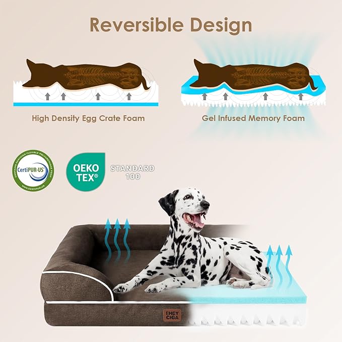 EHEYCIGA Orthopedic XL Dog Beds, Waterproof Memory Foam Dog Bed for Extra Large Dogs, Non-Slip Bottom and Egg-Crate Foam Big Pet Couch Bed with Washable Removable Cover, Brown