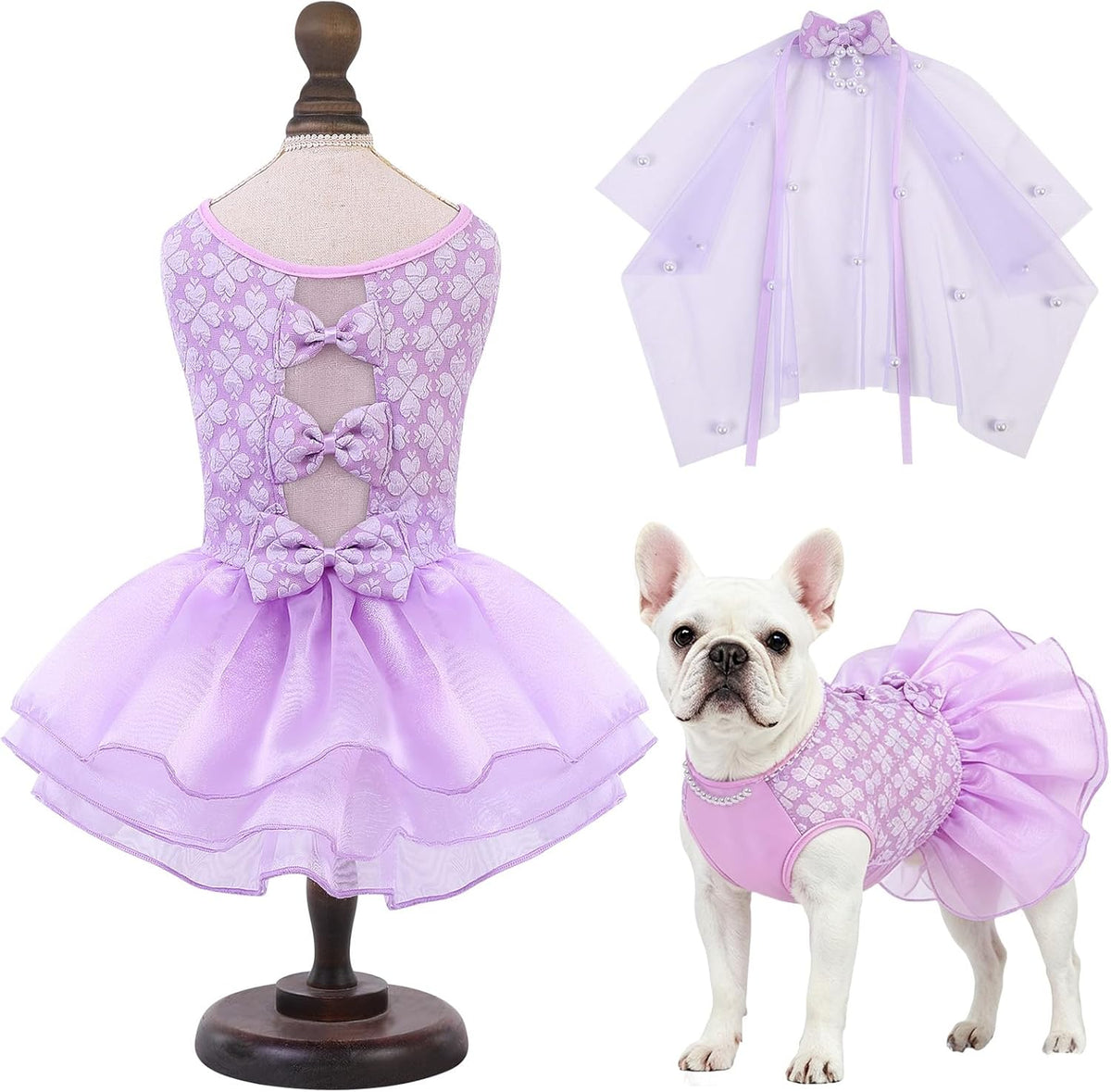 ASENKU Dog Dress, Dog Wedding Dress with Bows, Veil Attachment - Purple / XX-Large