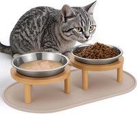 Elevated Cat Bowls with Food Mat - Bamboo