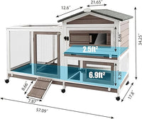 57" L Rabbit Hutch Indoor Outdoor 2 Story Large Bunny Hutch with Run Guinea Pig Cage Wooden Rabbit Cage with Removable 3 Pull Out Trays Pet House for Small-Medium Animals