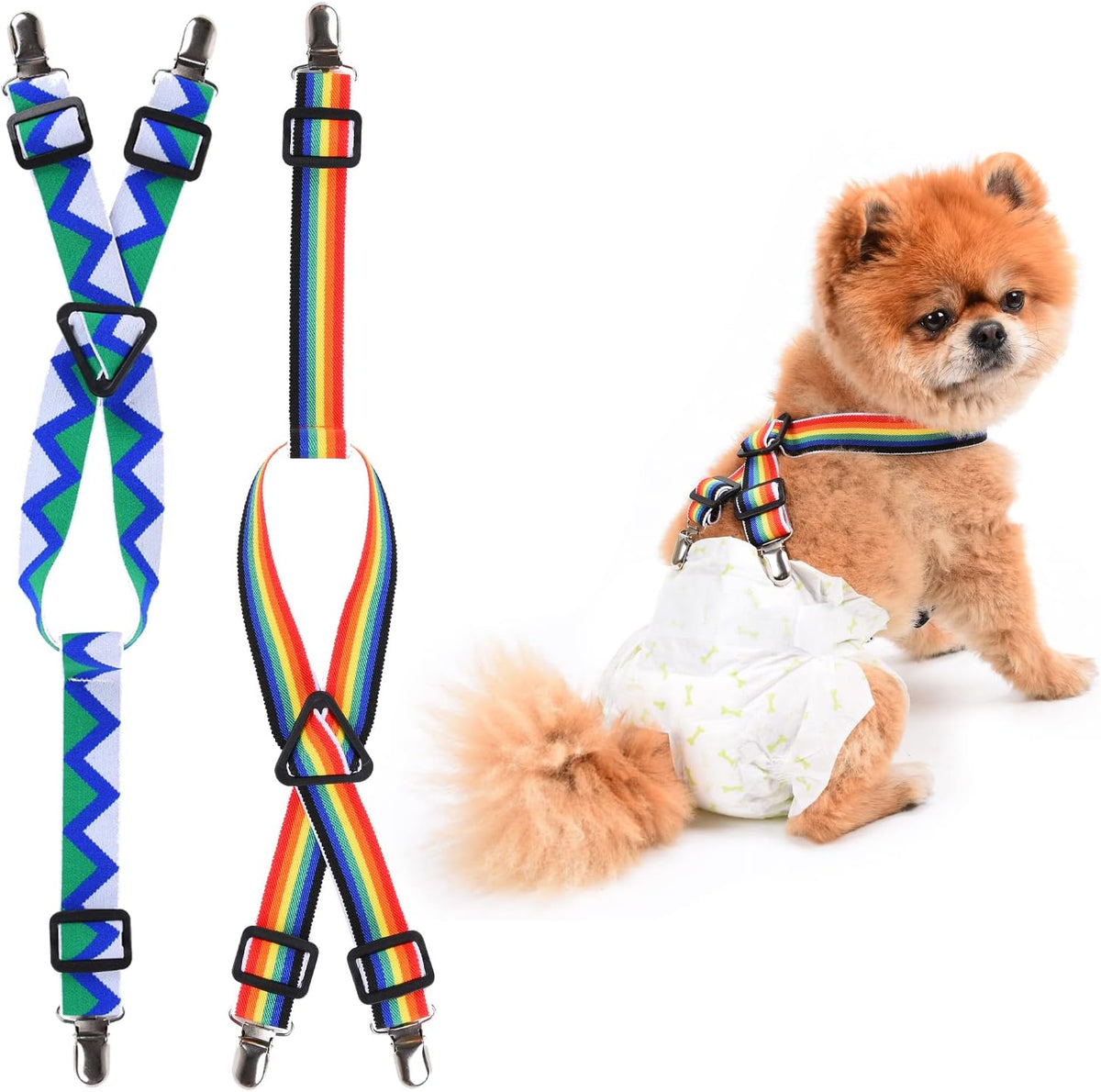 2 Pieces Dog Diaper Suspenders - Rainbow, Blue / XL