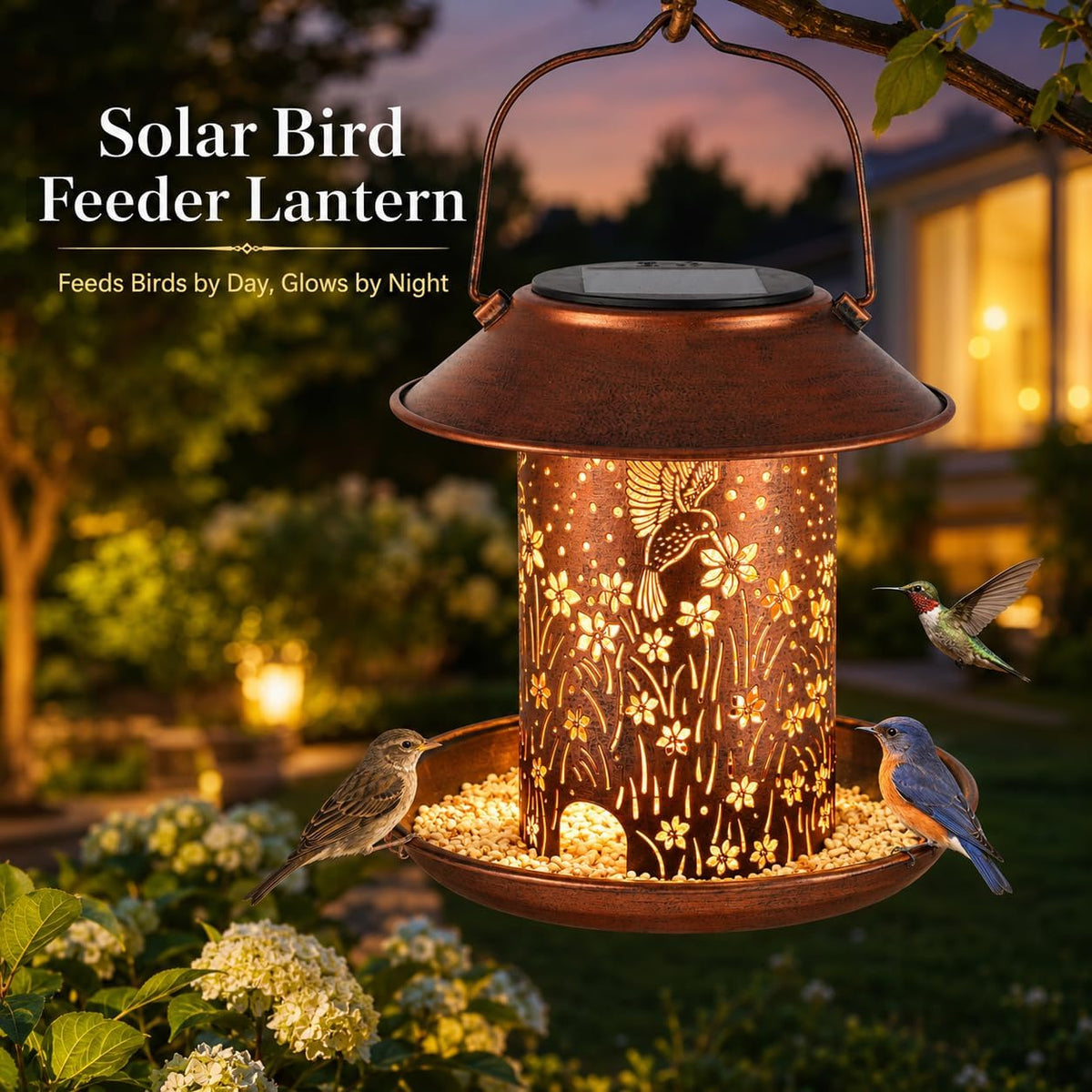 Metal solar hummingbird bird feeder garden lantern with three seed cups - view 4