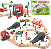 Giant bean 72PCS Fire Station Wooden Train Track Electric Train Set – Fun for Kids & Family - Fire Station Train Set