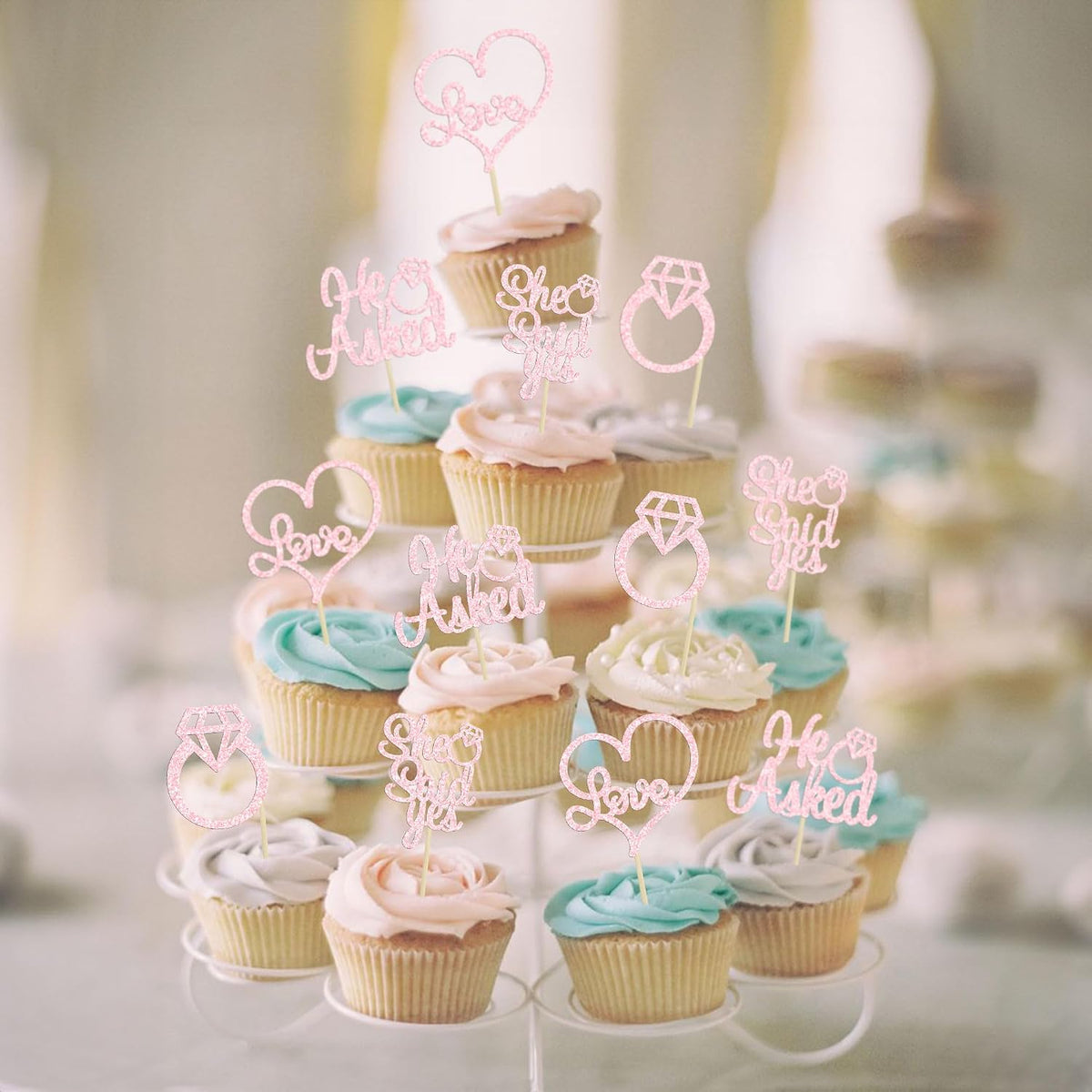 Gyufise He Asked She Said Yes Cupcake Toppers Gold Glitter Diamond - Light Pink - image 4