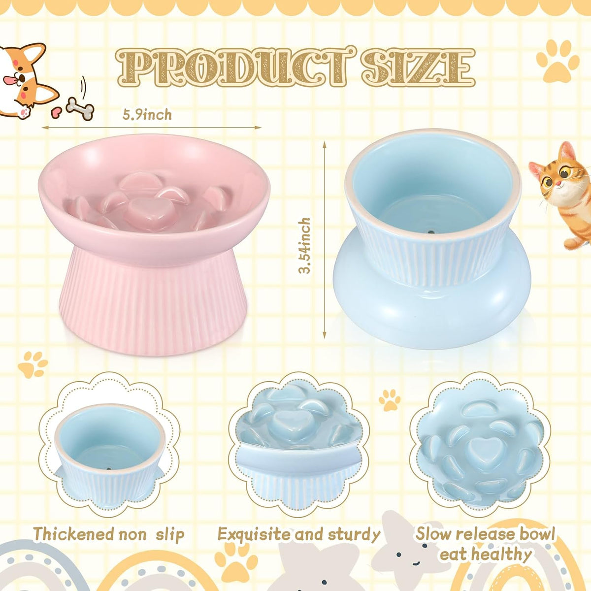 Layhit 2 Pack Raised Slow Feeder Cat Bowls Ceramic Elevated Cat Food - Blue, Pink - image 2