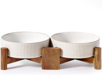Ceramic Dog Bowls Set with Acacia Wood Stand - Small-1.8Cups / Vintage White