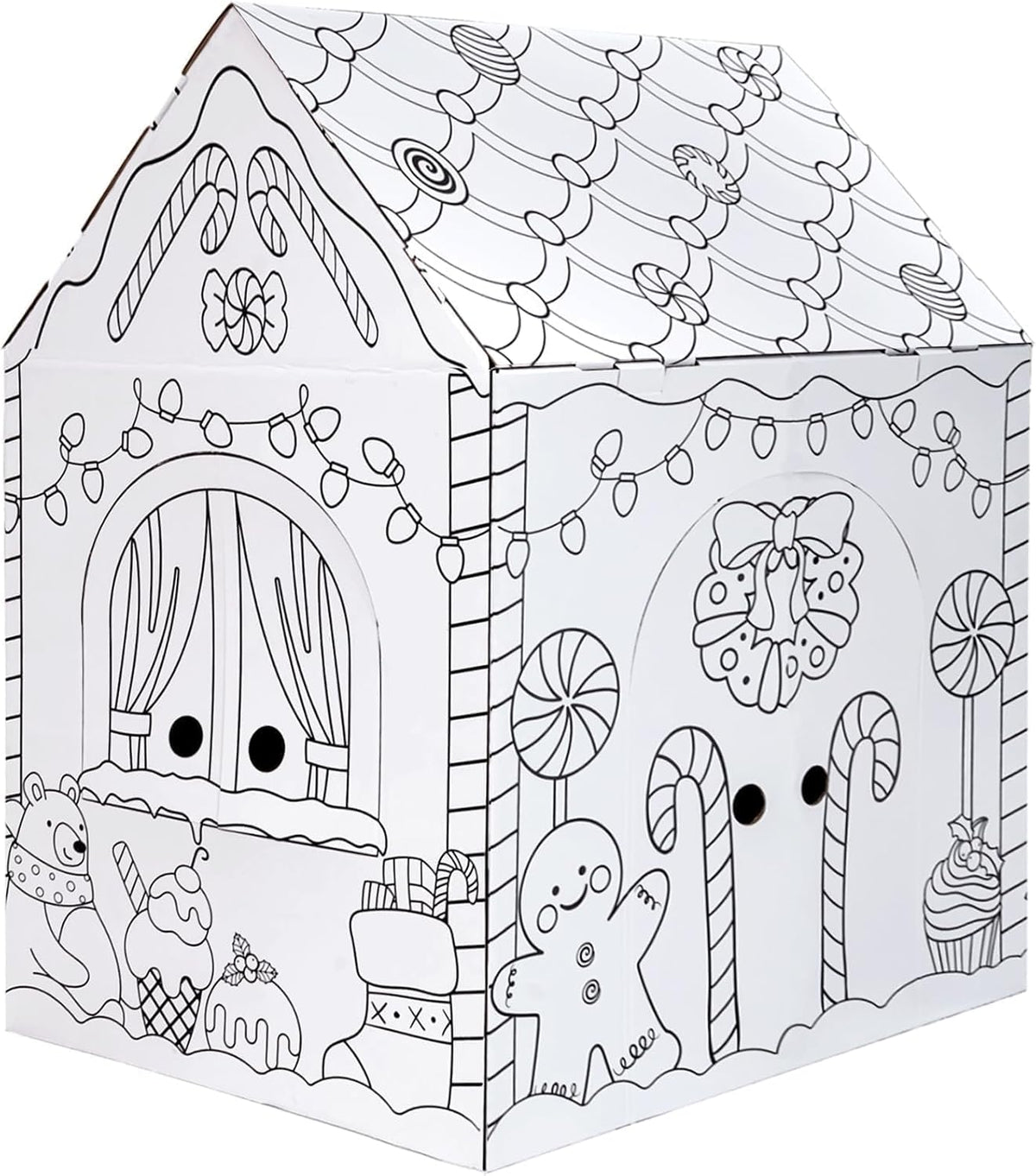 Kockuu cardboard gingerbread house to color, giant playhouse with candy cane and snowman prints
