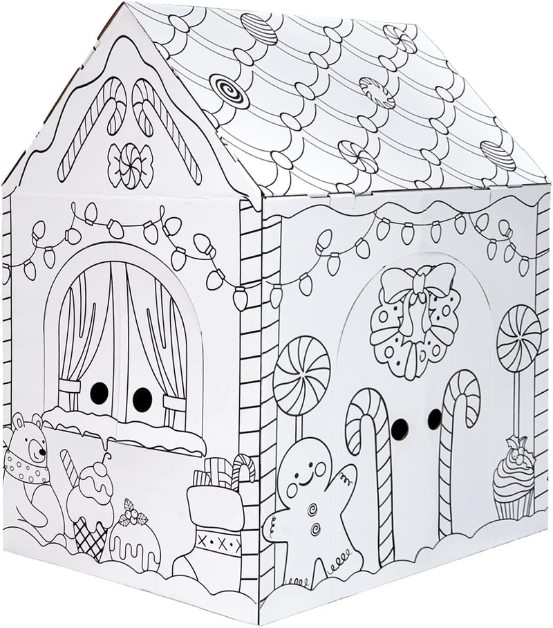 Kockuu cardboard gingerbread house to color, giant playhouse with candy cane and snowman prints