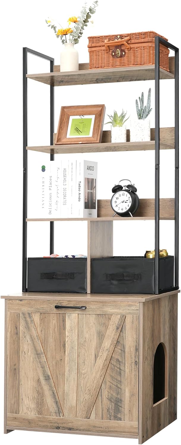 Cat Litter Box Enclosure, 2 Storage Shelves and 2 Drawers, 50" H – Essentials for Cats - Greige / 23.6"L x 19.7"W x 61.8"H