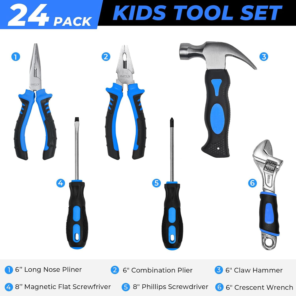 INCLY 24 PCS Kids Real Tool Set with Tool Bag - Blue - image 2