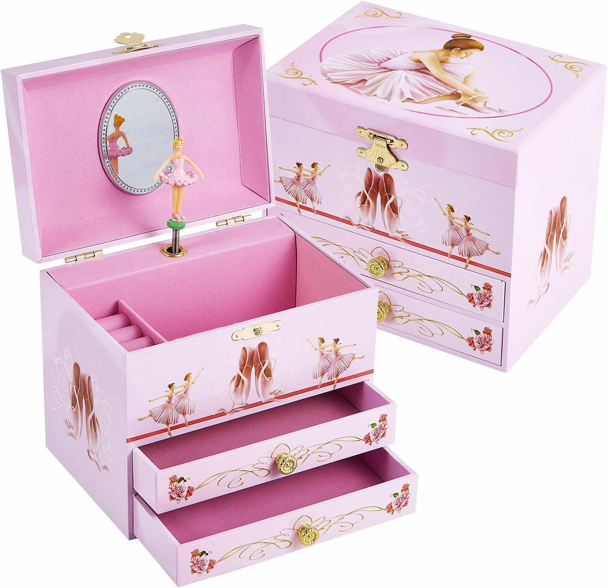 TAOPU ballerina musical jewelry box for girls with spinning dancer and two drawers