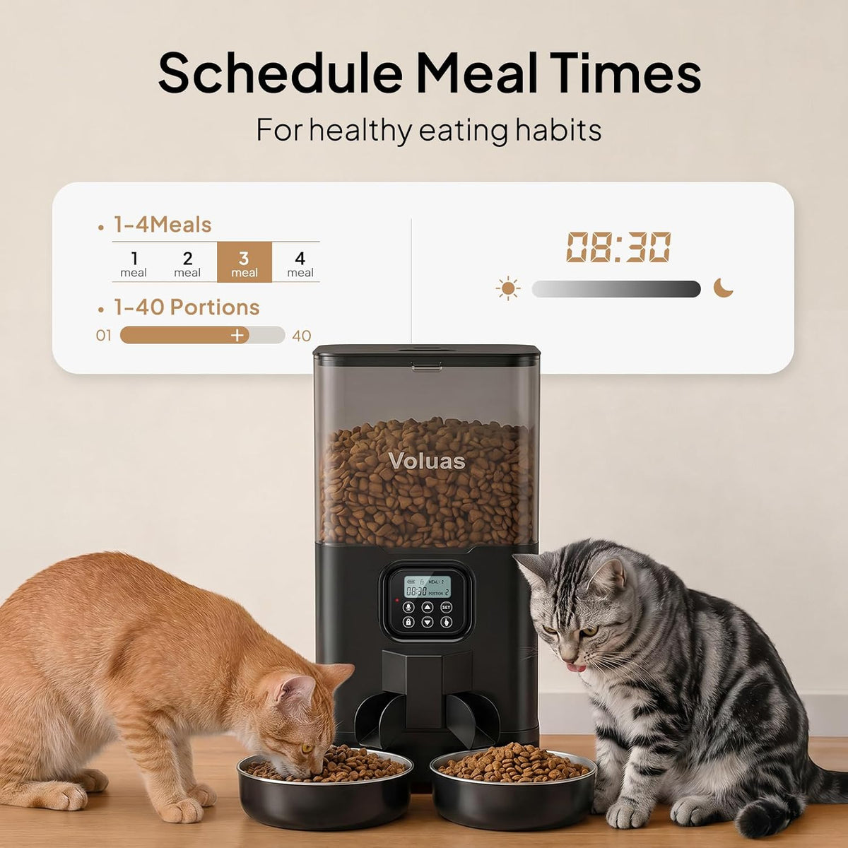 VOLUAS Automatic Cat Feeder for Two Cats with Dual Stainless Bowls - Black Transparent / 6L - image 2