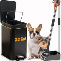 Dog Poop Trash Can Outside Stainless Steel - Metal Pooper Scooper Set - 12L Dog Waste Trash Can Outdoor with Pedal - Backyard, Yard - Removable Inner Bin, Long Handle Tray and Rake - Black and Gold