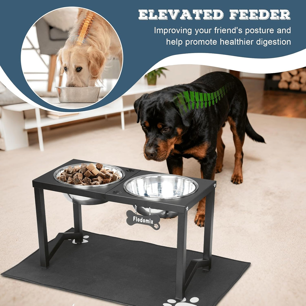Elevated Dog Bowls, Metal Raised Dog Bowl Stand with 2 Thick 58oz Stainless Steel Food Bowls - Black-111oz x 2 / Height: 14" - image 2