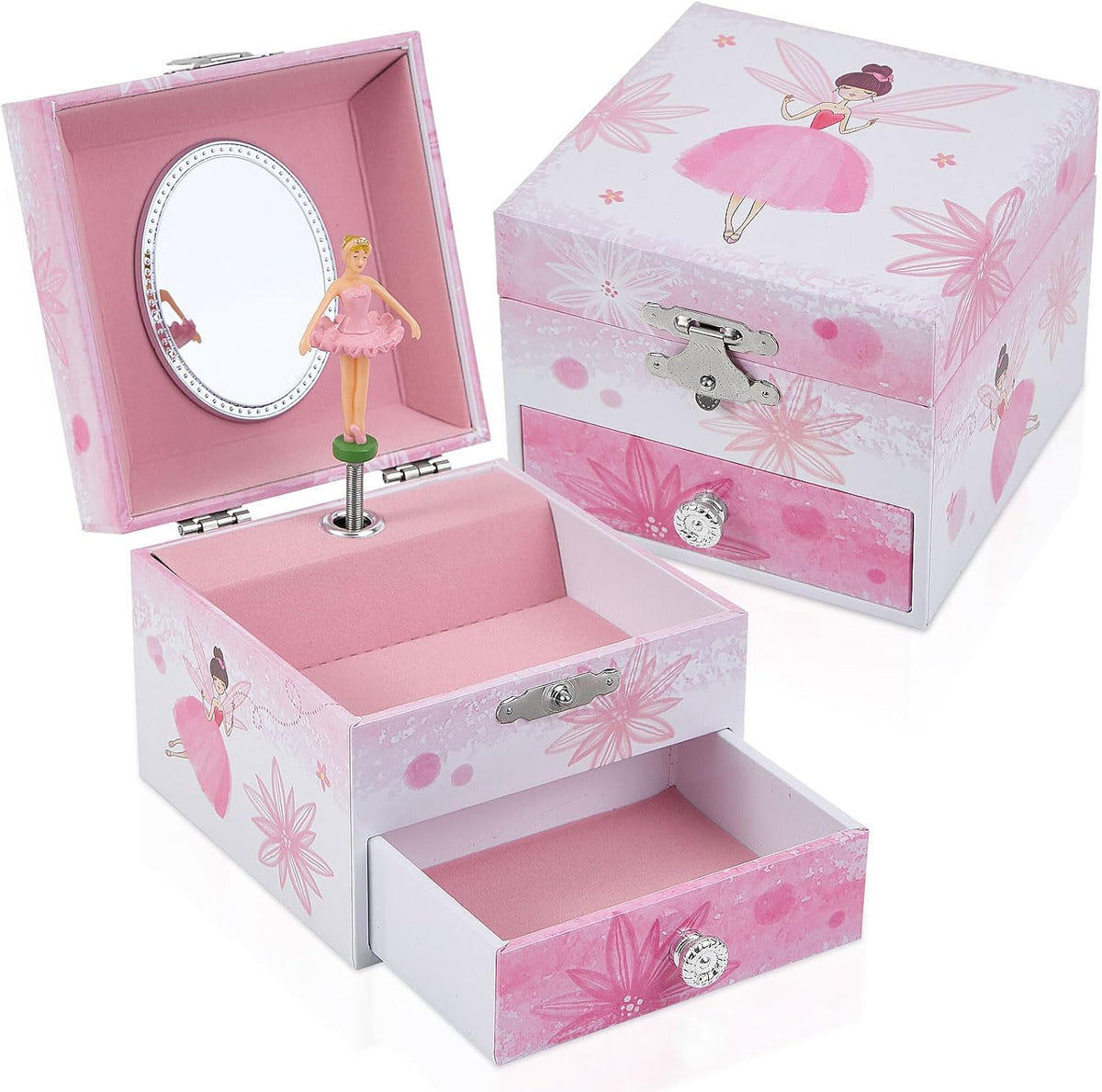 Girls Musical Jewelry Box with Drawer and Spinning Ballerina - Pink flower fairy