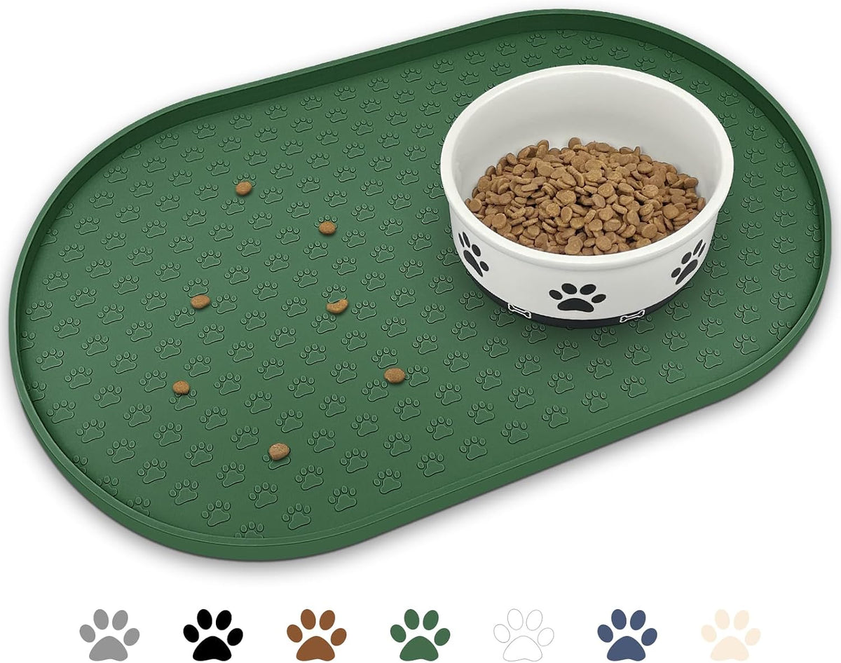 Dog Food Mat Spill-Proof Silicone Dog Bowl Mat Raised Edge Pet - Hunter Green / 19"L x 12"W