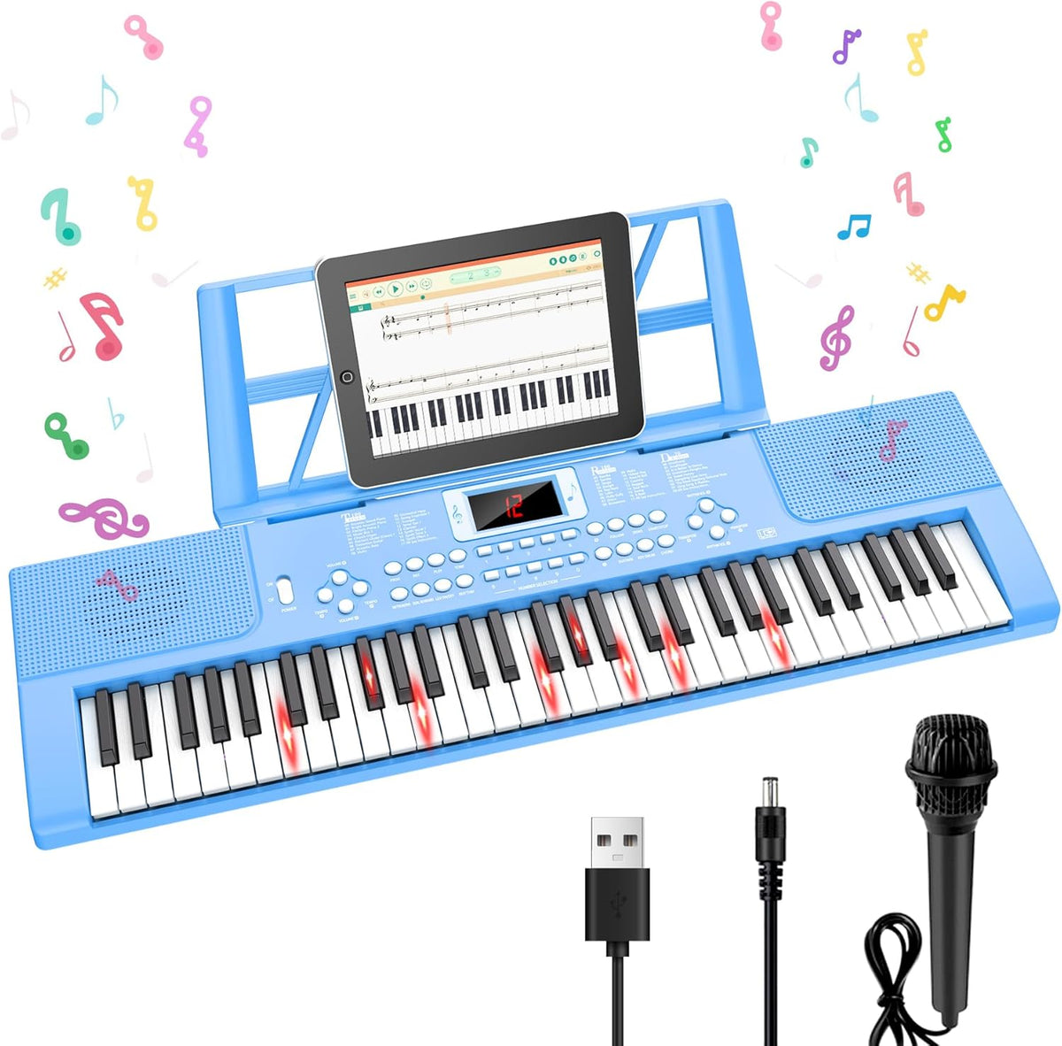61 Keys Kid Piano Keyboard with Light-up Keys Teaching Mode Dual - Blue