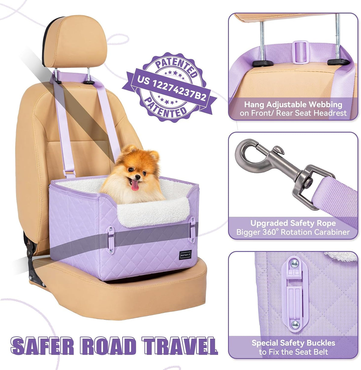 PETSFIT Dog Car Seats for Small Dogs, Patented Safety Buckles - Oxford Cloth / Lavender Purple - image 3