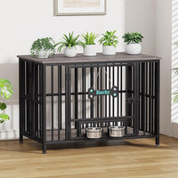 Easycom 41" Dog Crate Furniture Foldable, No Assembly Decorative Dog Kennel Indoor, Dog Crates for Large Dogs (40-65 lbs), Wooden Dog Cage with Adjustable Bowls and Name Tag, End Table, Oak Grey