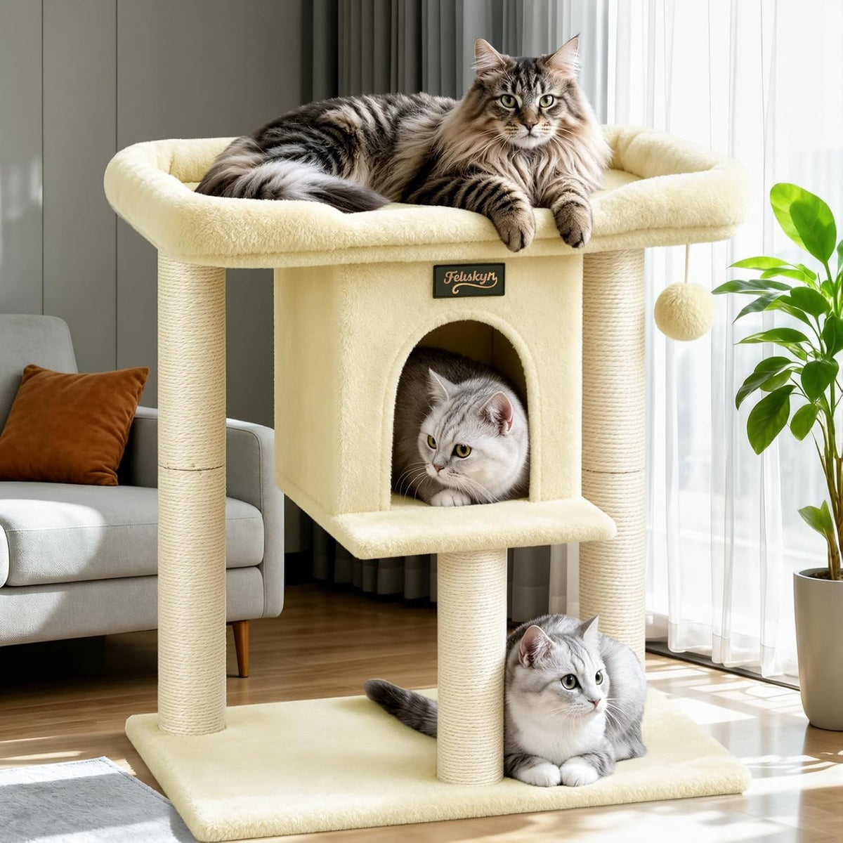 Cat Tree Tower Scratching Post for Indoor Large Adult Cats with Perch - Beige / 28 Inches