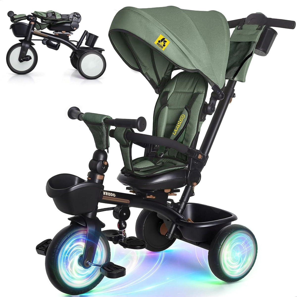 KRIDDO 7-in-1 toddler push tricycle with parent steering handle and canopy - view 4