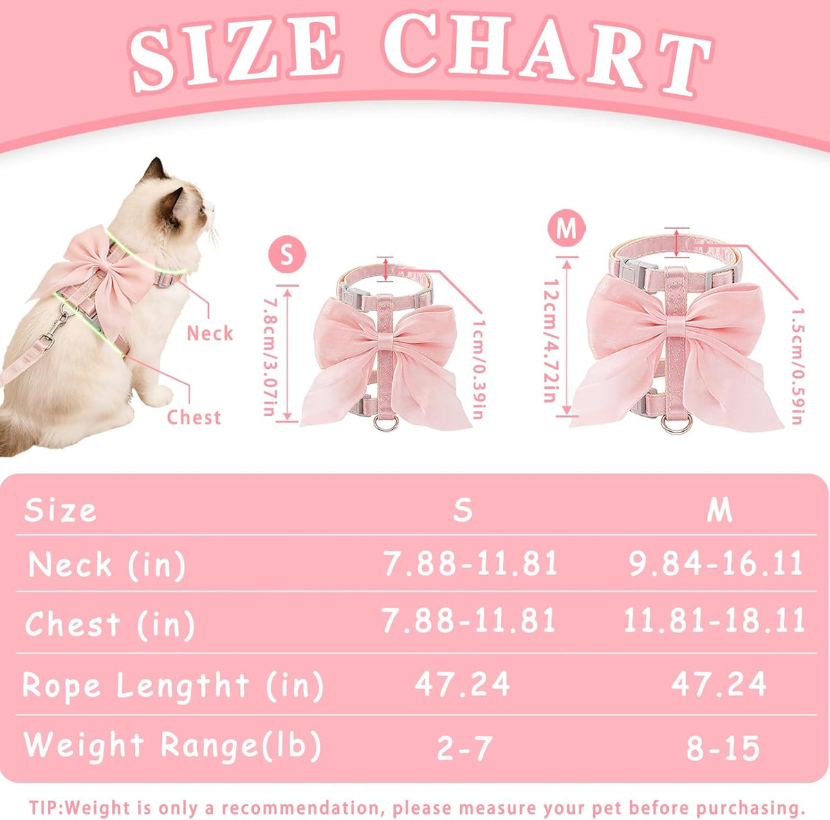 Tensho Pink Bow Cat Harness and Leash Set, Escape Proof - Pink Bow / M - image 4