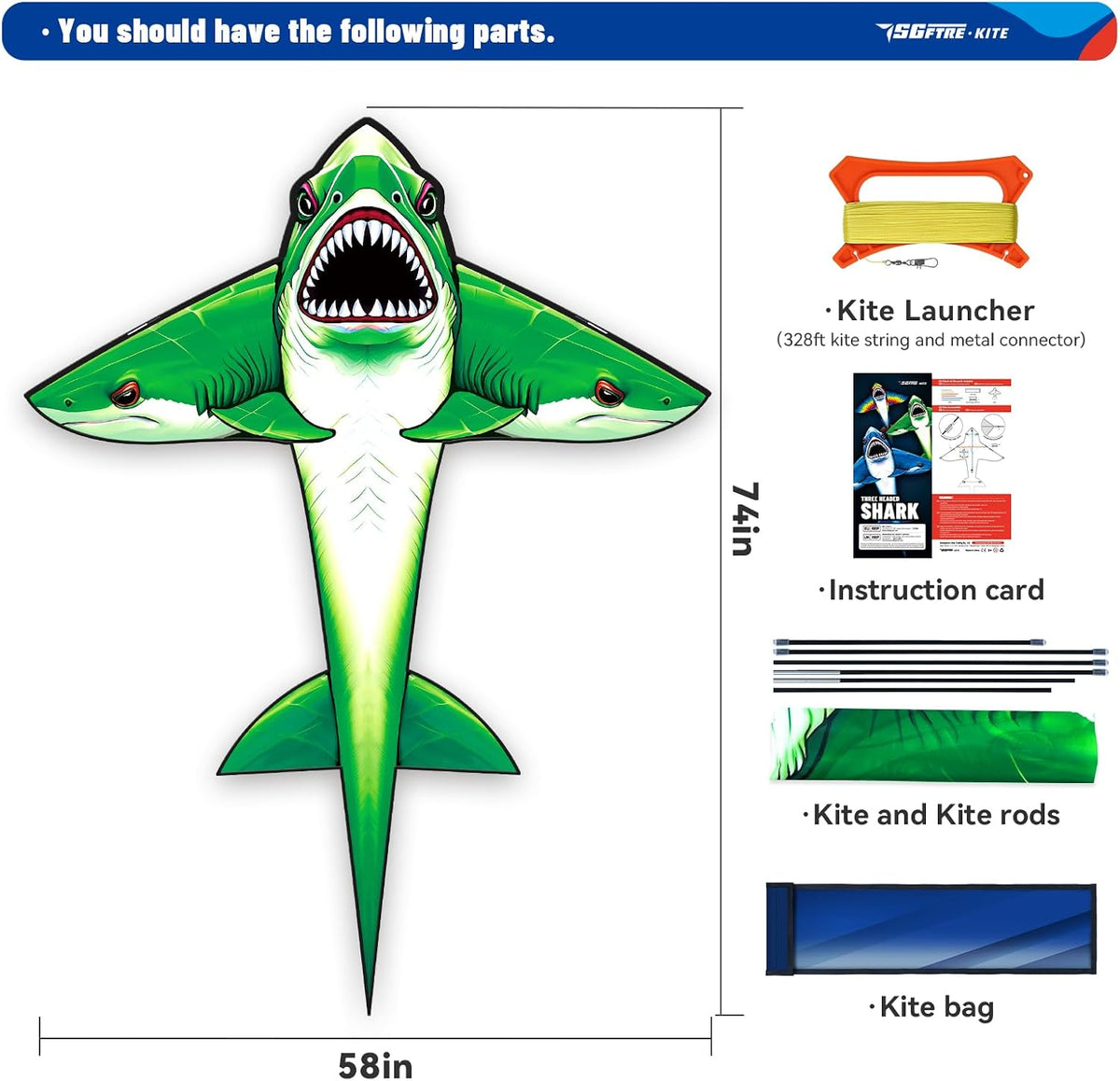 SGftre Complete Kite with Handle, Line & Accessories - 1 / Green Shark - image 3