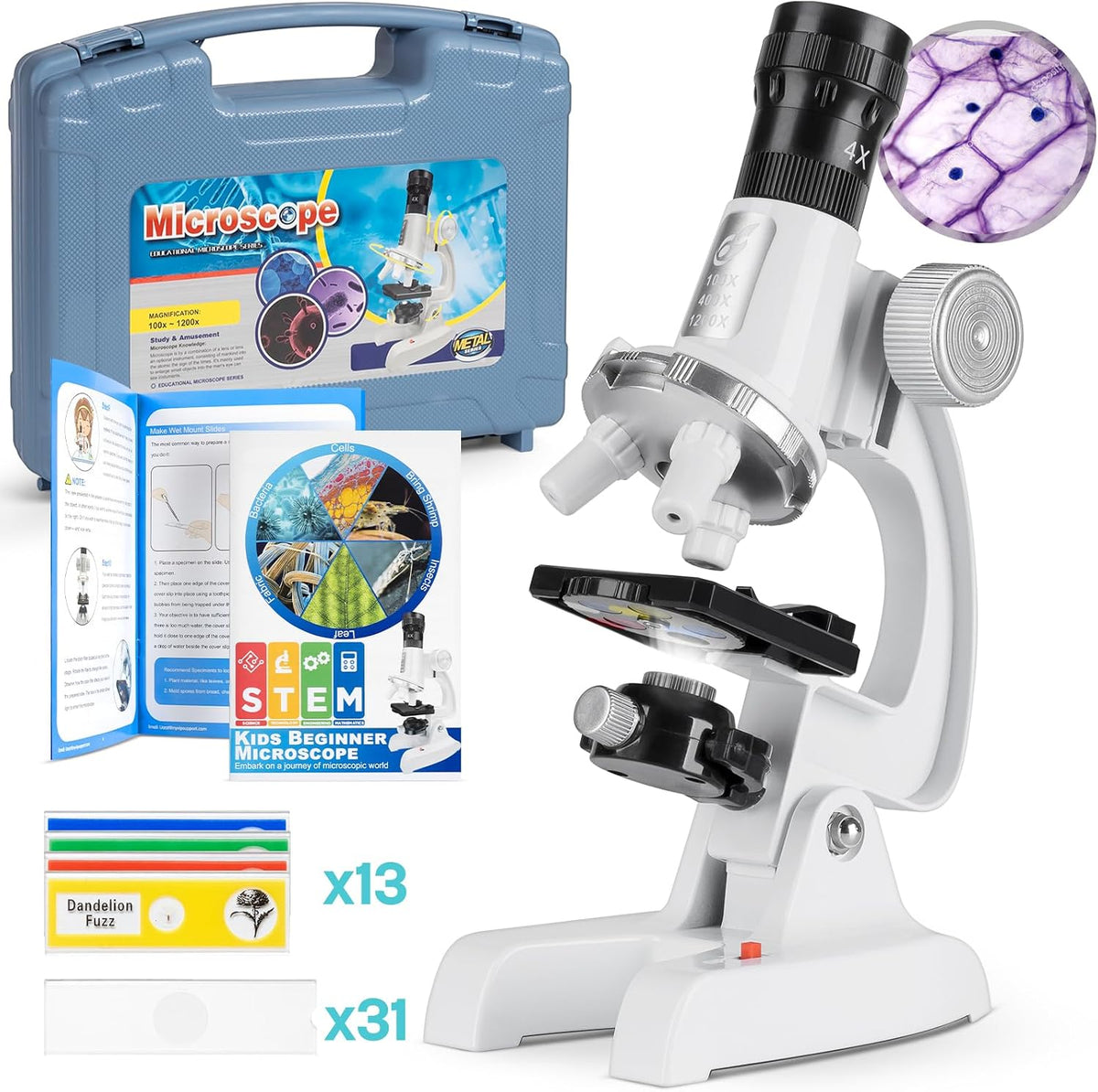 Uarzt 58-Piece Kids Microscope Kit with Carrying Case - White