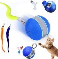 Interactive Cat Toys for Indoor Cats with 3 Mouse Tails,Electric Cat Ball Toy with Bird Chirping Sounds,Automatic Spinning Moving,300mAh Long Endurance Type-C Rechargeable,Pet Cat Supplies (Blue)