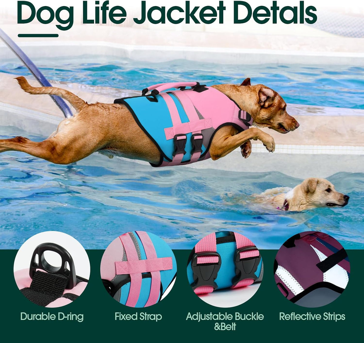 Kuoser Dog Life Jacket with Rescue Handle - Large (Chest Girth:22.8-29.5'') / Pink & Aqua Blue - image 3