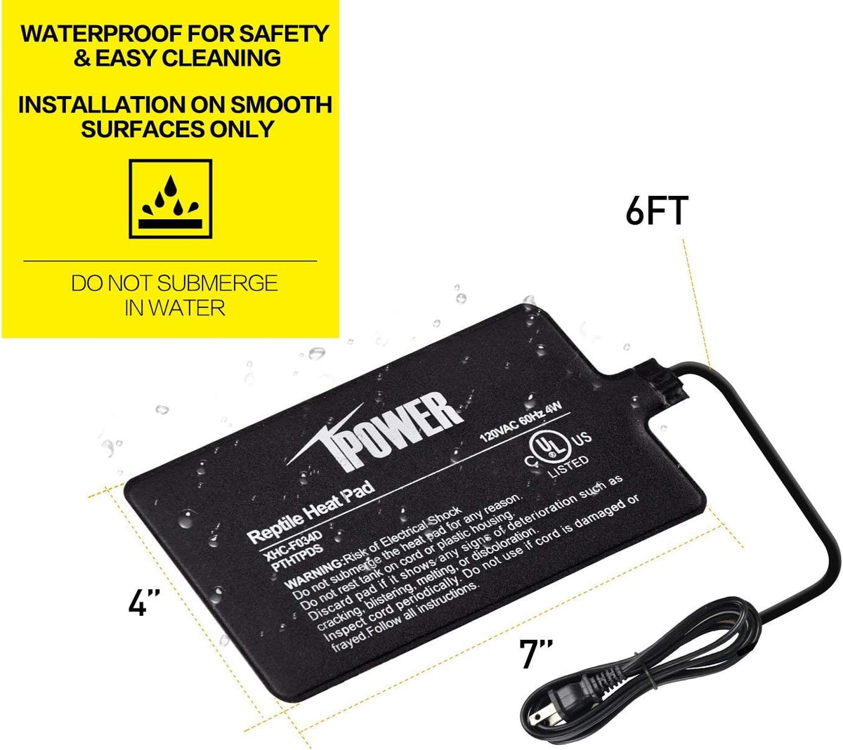 iPower 4 by 7-Inch Reptile Heating Pad Under Tank Terrarium Heater - Black-1 Pack / 4" X 7" / Heat Pad - image 3