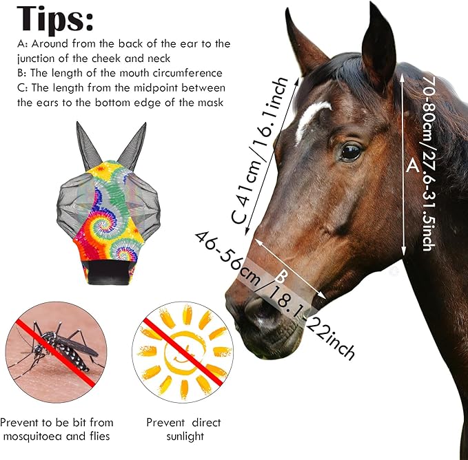 Chunful 6 Pcs Horse Fly Masks with Ears Smooth and Comfortable Cashel Mesh Fly Mask Elasticity Breathability UV Protection Horse Face Covering for Riding Supplies(Tie Dye,Medium)
